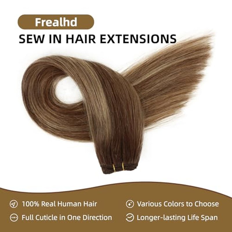 Sew in Hair Extensions Real Human Hair, 110g 20 inch Ombre Color 4/27/4 Balayage Chocolate Brown to Caramel Blonde Double Weft Weave Bundles Remy Human Hair Extensions Straight