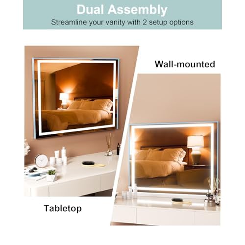 Vanity Mirror with Lights, 23" x 18" Makeup Mirror, Lighted Makeup Mirror with 3 Color Modes & Adjustable Brightness, Detachable 10x Magnification and USB Charging Design (White)