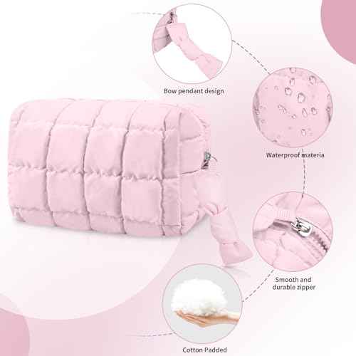 Puffy Quilted Makeup Bag, Cute Checkered Cosmetic Bags with Divider, Waterproof Travel Toiletry Bag, Make up Pouch for Women & Girls Travel Essentials (Bow, Pink, Medium)