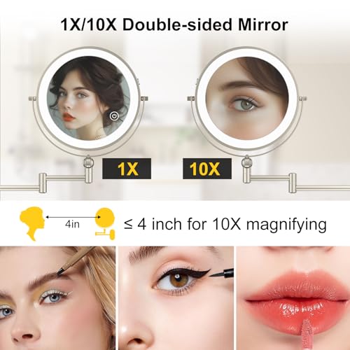 9" Wall Mounted Lighted Makeup Mirror,4000mAh Rechargeable Double Sided 1X/10X Magnifying Mirror with Light,3 Color Lights,Touch Dimmable,Extended Arm 360 Rotation Wall Mounted Makeup Mirror