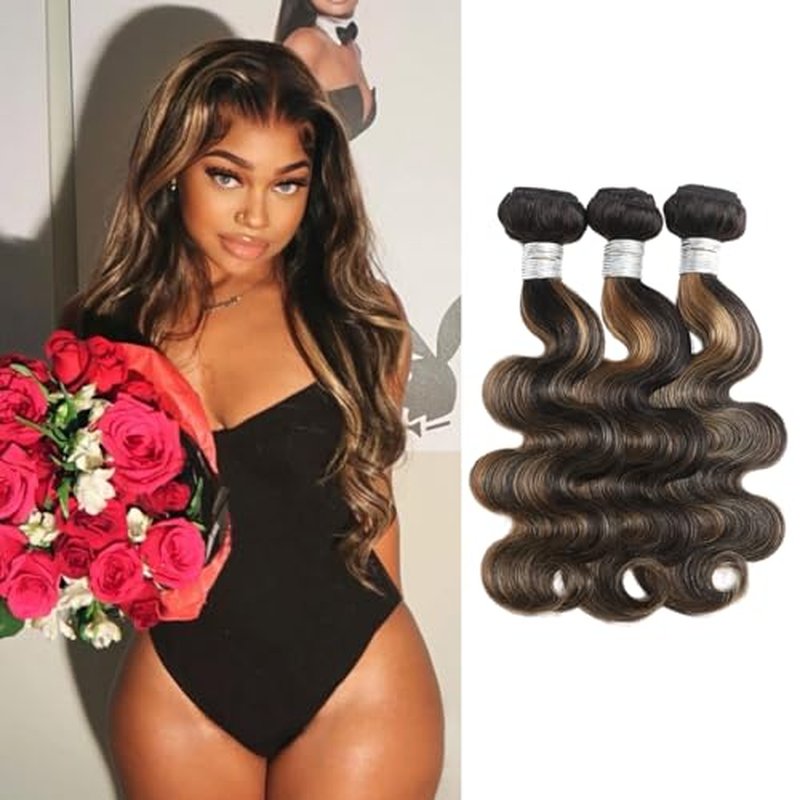 Honey Blonde Bundles Human Hair Highlighted Black and Blonde Bundles Body Wave Balayage Colored 12A 100% Brazilian Virgin Remy Human Hair 1b/27 Ombre Loose Wavy Sew In Weave 14 16 18 Inch