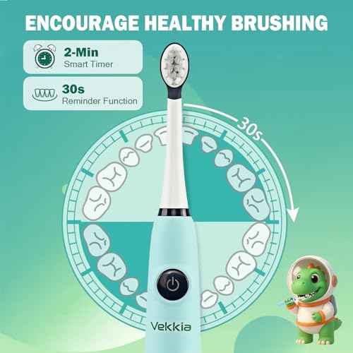 Vekkia Sonic Rechargeable Kids Electric Toothbrush for Ages 5-12+, Electric Toothbrush Kids with Timer 2 Minutes, 3 Modes with Memory, 35,000 VPM, IPX8 Waterproof, Long Battery Life, 4 Brush Heads