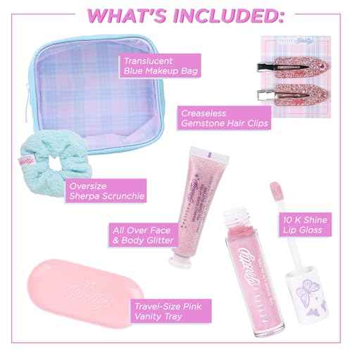 Petite N Pretty Get Ready with Me Essentials Set - Sparkly Ever After All Over Glitter (Mini Size), Makeup Tray, Scrunchie & Hair Accessories (Duck Clips), Makeup Bag for Girls, Teens, and Tweens