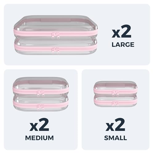 Extra Large 13.7" Durable Clear Hard Zipper Case 6 Pack, 2x Large, 2x Medium, 2x Small, Clear Travel Makeup Bag, Hard Plastic Travel Toiletry Bag for Women, Toy & Make Up Organizer Pouch