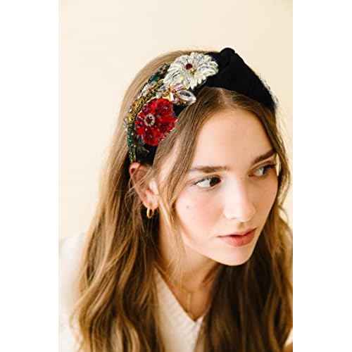 ZITULRY Rhinestone Headband For Women Statement Crystal Knotted Turban Hairband Handmade Beaded Embroidered Flower Hair Hoop Elastic Fancy Wide Hair Accessories for Girls Jewelry Gift, Black