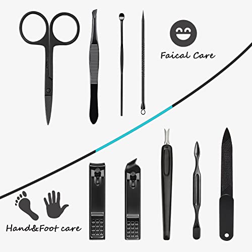 Manicure Set 9 in 1 Stainless Steel, Nail Clippers Scissors Pedicure Tools Kit - Portable Travel Grooming Kit for Men and Women with Black/Blue Leather Case (Blue)