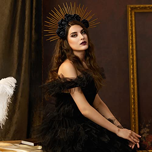 Fantherin Halo Crown with Roses Womens Mexican Flower Goddess Rose Spiked Sun Headpiece for Cosplay Halloween Costume