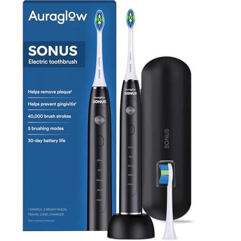AURAGLOW Sonus Electric Toothbrush, 5 Cleaning Modes, 2 Brush Heads & Travel Case, 40,000 VPM Sonic Toothbrush & Wireless Charging, 30-Day Battery Life with Smart Timer, Black