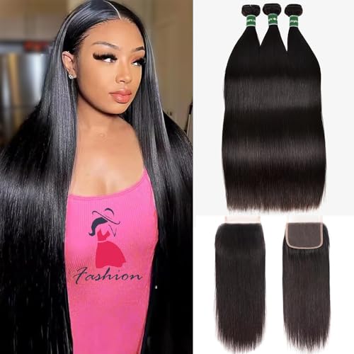 Human Hair Bundles with Closure Straight Bundles 20 22 24+18 Inch 10A HD Lace Closure Human Hair 100% Brazilian Virgin Hair Extensions 3 Bundles Deals Hair Quick Weave Bundle for Women