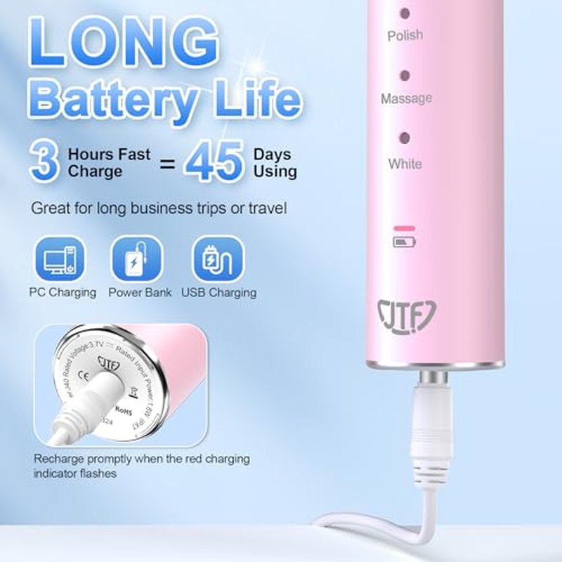 JTF Sonic Electric Toothbrush for Adults: 6 Brush Heads, Travel Bag, Tongue Scraper, 5 Brushing Modes for Teeth, Smart Timer and IPX7 Waterproof, Rechargeable Toothbrush for Deep Cleaning & Whitening