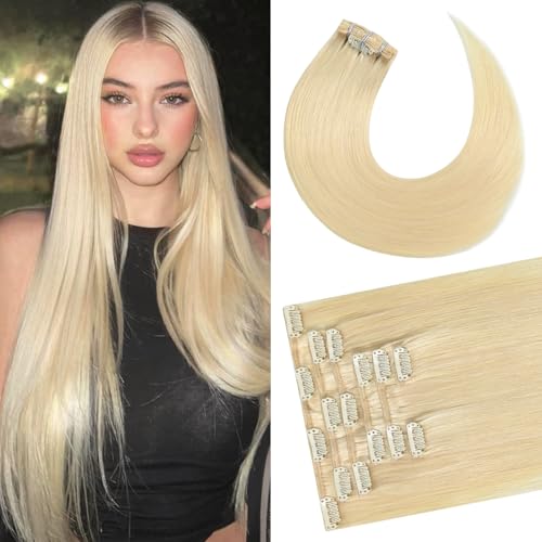 Newfeeling Clip in Hair Extensions Platinum Blonde Hair for women 75g Real Human Hair 15 Inch #60 Soft and Smooth Real Human HairExtensions Clip ins