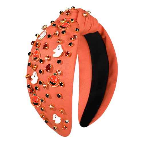 Halloween Headband for Women Spooky Pumpkin Spider Ghost Headband Jeweled Rhinestone Crystal Knotted Headbands Embellished Wide Top Knot Headbands Halloween Hair Accessories Gifts (Ghost&Pumpkin)