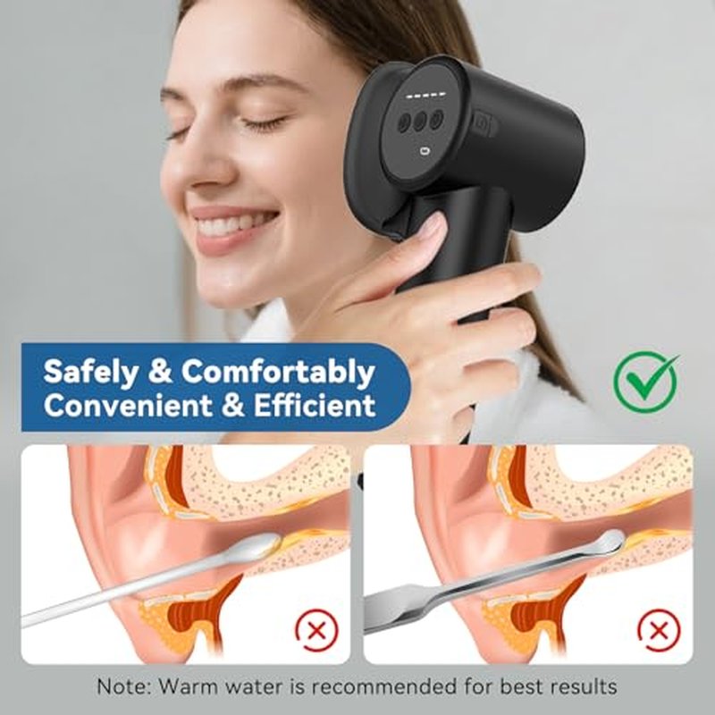 Ear Wax Removal with Hot Air Drying, 2-in-1 Electric Ear Cleaner, Ear Cleaning Kit with Dual-Compartment Design, Safe Water Ear Cleaner, 5 Pressure Modes & USB-C Cable, IPX7 Waterproof, Black