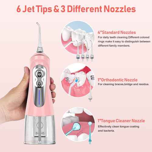 NBGRLVS Water Dental Picks for Teeth Cleaning,6 Modes 6 Tips and Storage Case Water Dental Flossers Cordless 320ML IPX 7 Waterproof Rechargeable Portable Electric Dental flosser for Trave Home (Pink)