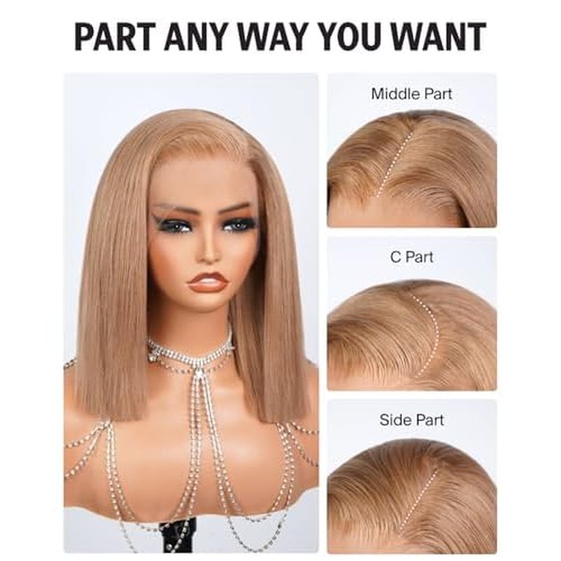Straight Bob Wig Human Hair 13x4 Frontal Lace Wig 10 Inch Light Brown Blonde Wig 210% Density HD Lace Front Wigs Human Hair Pre Plucked Milk Tea Brown Short Bob Wigs Blunt Cut Wig