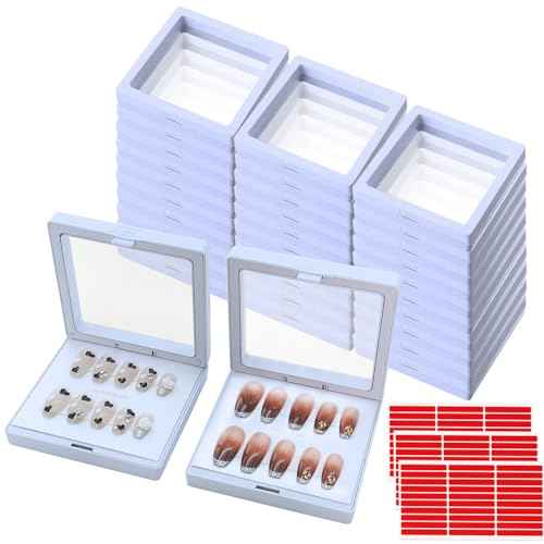 32 Pack Press On Nail Packaging Boxes - 3D Floating Storage and Display Box With 90pcs Double Sided Adhesive Tape for Nail Tech