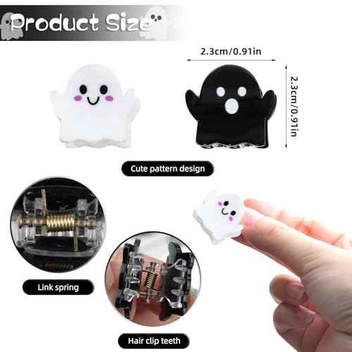 8Packs Mini Halloween Christmas Hair Clips,Spooky Cute Ghost Hair Accessories Acrylic Claw Clips Strong Hold Non Slip Hair Decorations for Women Girls (black and white)