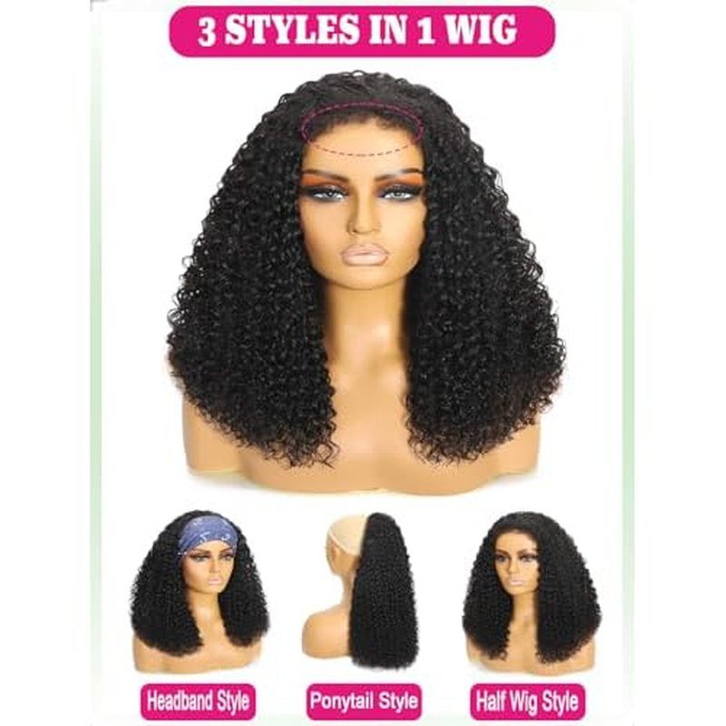 Water Wave Half Wig Human Hair 3 In 1 Adjustable Drawstring 18 Inch Curly Half Wig Seamless Flip Over Blend Edges Invisible Hairline Glueless Wigs Wear Go Beginner Friendly Curly Half Wigs for Women