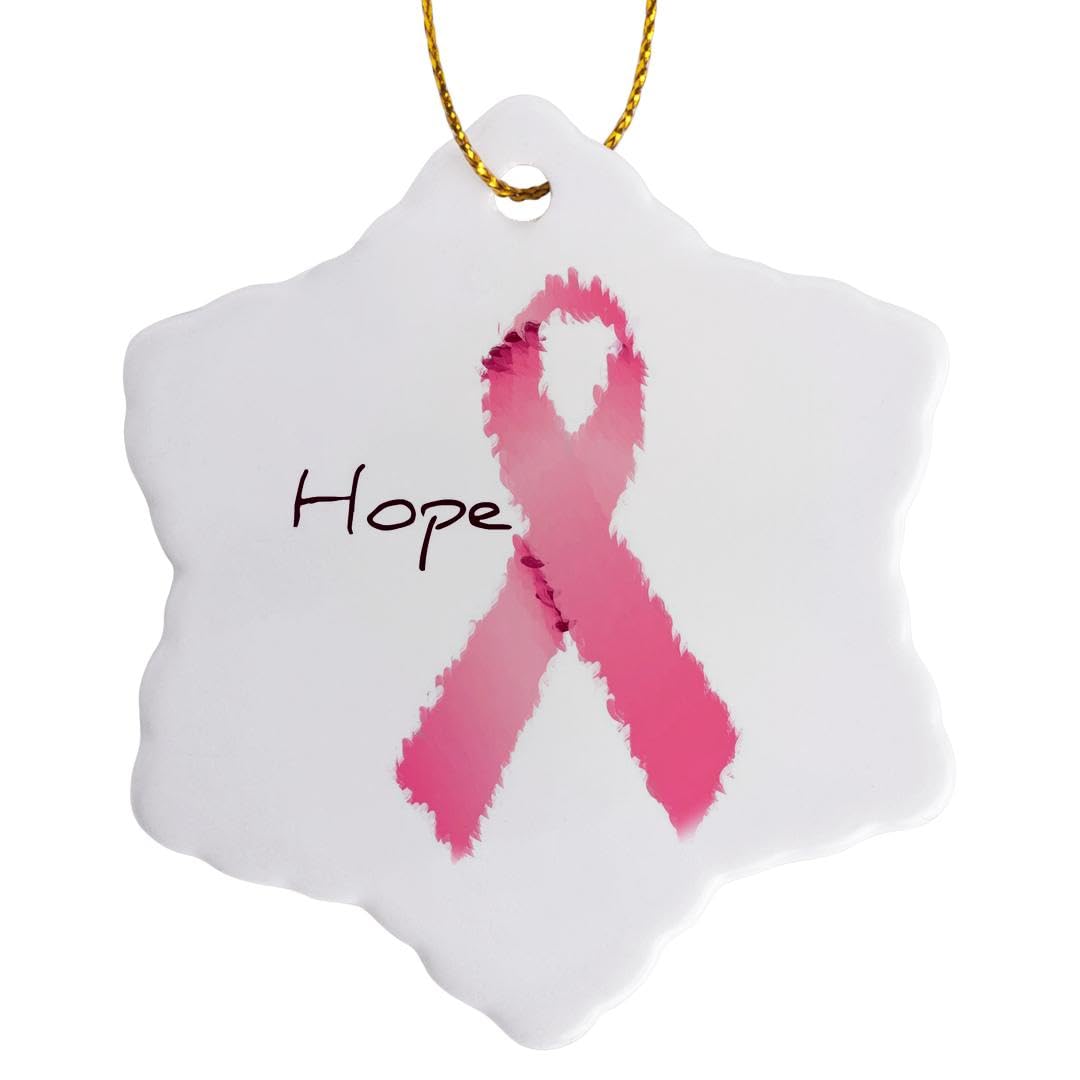 3dRose orn_42618_1 Painted Pink Ribbon Hope Art Breast Cancer Awareness Snowflake Decorative Hanging Ornament, Porcelain, 3-Inch