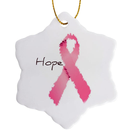 3dRose orn_42618_1 Painted Pink Ribbon Hope Art Breast Cancer Awareness Snowflake Decorative Hanging Ornament, Porcelain, 3-Inch