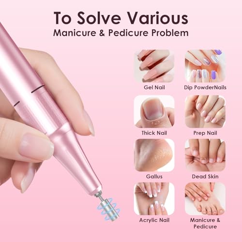 Professional Electric Nail Drill 45000RPM (Portable & Rechargeable) (with 11 Drill Bits ) Cordless Nail File Machine for Shaping, Polishing & Removing Gel Nails for Salon Home (Pink)