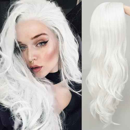 White Cosplay Wigs for Women Long Curly Wavy Middle Part Wig Heat Resistant Fibre Hair Wig for Halloween Costume Party Use