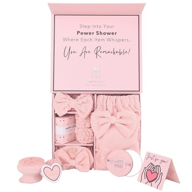 Happy Lolli Power Shower Gift Set ? College Essential Bath Accessories for Women and Teen Girls ? Includes Body Towel, Hair Towel, Wrist Bands, Headband, Face Sponge and More (Fresh in Pink)