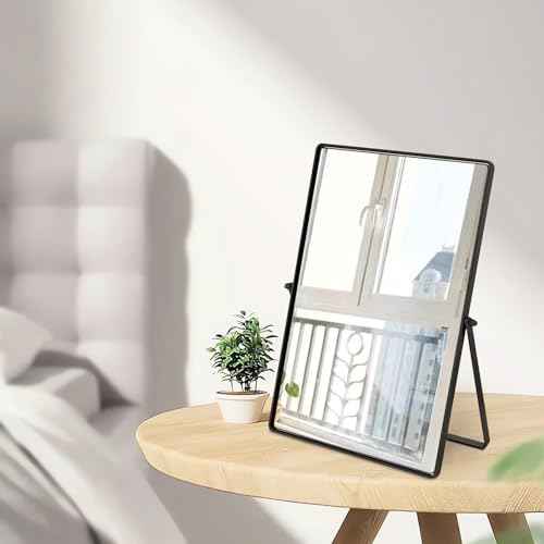 Desktop Makeup Mirror with Black Metal Standing 90¡Æ Rotation Vanity Table Mirror Portable Cosmetic Mirror for Dressing Room Bedroom Bathroom Rectangle