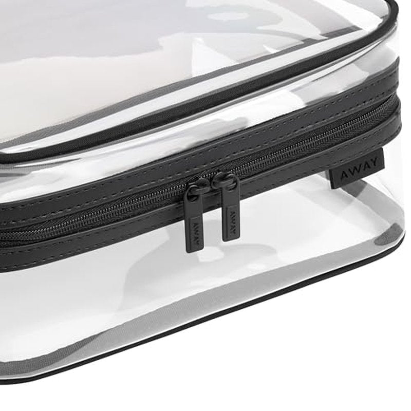 Away Clear Cosmetic Case for Travel, TSA Approved Double Compartment Makeup & Cosmetic Organizer with Leather Handle, Transparent Carry-On Pouch for Toiletries, Brushes & Essentials