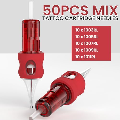 Wormhole Tattoo Cartridge Needles, 50pcs Mixed Sizes Disposable Finger Ledge Tattoo Needles #10 Standard 3RL 5RL 7RL 9RL 11RL Round Liner for Tattoo Machine Tattoo Gun Tattoo Supplies