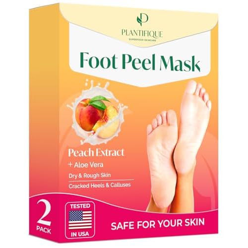 PLANTIFIQUE Foot Peeling Mask 2 Pack | Dermatologically Tested Repairs Heels & Removes Dry Dead Skin for Baby Soft Feet | Exfoliating Foot Peel Mask for Dry Cracked Feet | Peach