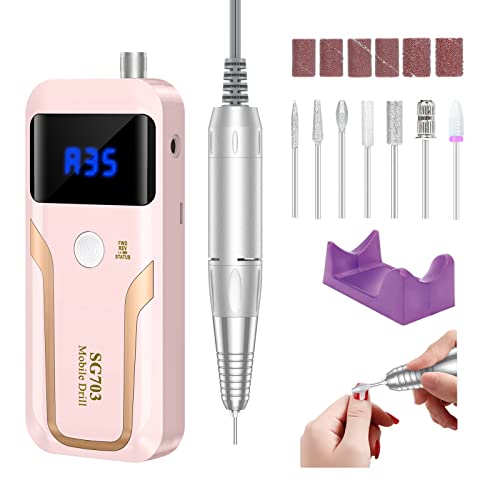 Portable Nail Drill Professional 35000 RPM, MOCOWIND Rechargeable Electric Nail File Machine E File for Acrylic Gel Polishing Removing, Cordless E-File with Bits Kit for Manicure Salon Home, Pink