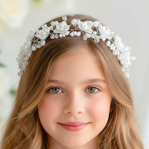 Campsis Flower Girls Hair Accessories, White Wedding Headpiece, Crystal Floral Headpiece
