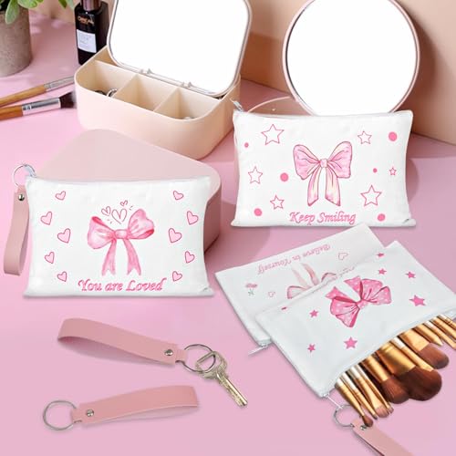 PUNICA 8 Pcs Pink Coquette Bow Makeup Bag Preppy Cosmetic Bags Canvas Zipper Pouch with Handle, Travel Bag Gift for Nurse Women Girls Coquette Party Favors Storage Accessories