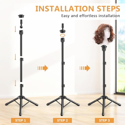 Wig Head Stand 50 Inches, Height Adjustable Tripod Wig Stand, Salon Mannequin Head Stand with Anti-Slip Base for Styling, Wig Display Barber Training, Beauty School? (Black)