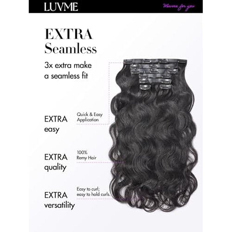 LUVME Body Wave Seamless 110g 7Pcs Clip in Hair Extensions Full Max with 16inch Remy Human Hair Extensions, Natural Black 100% Real Soft Hair
