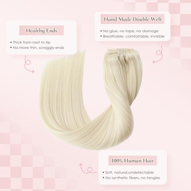 Invisible Clip in Real Human Hair Extensions,18 Inch Platinum Blonde Remy Thick Straight Clip Hair, 7 Pieces With 16 Clips 85 Gram No Slip No Shedding Comfortable All Day Wear