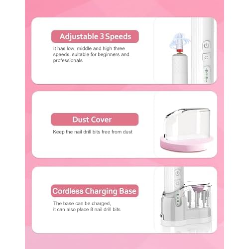 Nail Drill,Cordless Electric Files for Gel Nails E-File Manicure Kit Women Rechargeable Drill para U?as Profesional Machine Grinder Acrylic White (M918)