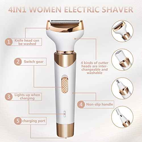 Electric Razor for Women Bikini Trimmer, MKIOVH Women's Cordless Portable 4 in 1 Painless Shaver, ?for face Legs Brows Nose Detachable Head USB Rechargeable Hair Trimmer