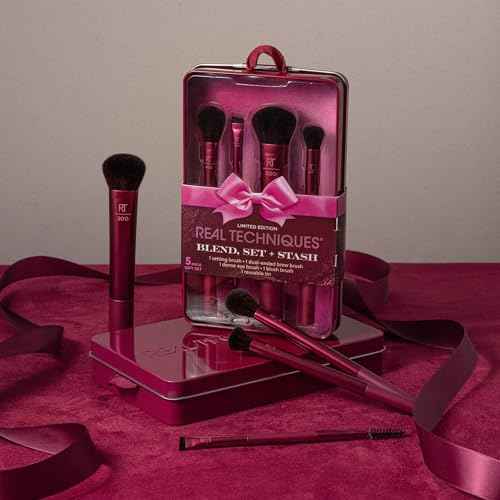 Real Techniques Blend, Set + Stash 5 Piece Holiday Makeup Brush Set with Storage Tin, Face & Eye Brushes for Foundation, Powder, Brows & Eyeshadow, Gift for Her, Cruelty-Free & Vegan