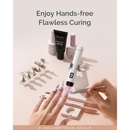 MelodySusie Handheld UV Light for Gel Nails with Stand, Mini Portable Cordless Nail Lamp with LCD Display, Eye-Protective Cover, Flash Curing for Glue, White