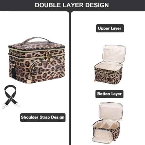 FITINI Double Layer Travel Leopard Makeup Bag,Extra Large Women Cosmetic Organizer Case,Skin Care Essentials Toiletries Bags with Shoulder Strap Waterproof Brush Storage with Removable Dividers