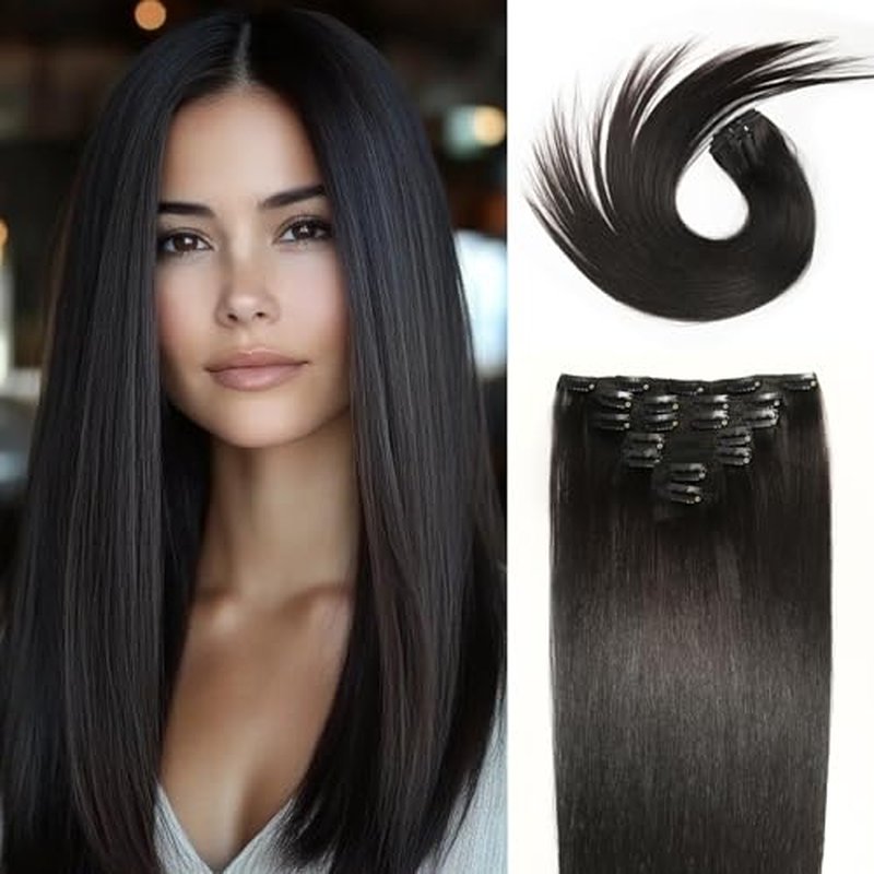 WOWANGEL Clip in Hair Extensions Human Hair,14" Seamless Clip Ins No Damage,7pcs 120g Remy Hair Reusable for Daily Styling,Weddings,Events,Natural Black (1B)
