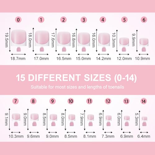 Toe Nail Press Ons, French Tips Toe Press On Nails, 150pcs Square Pre-Designed Soft Gel Thick False Toenail Extension, Berry Pink Full Cover Acrylic for DIY 15 Sizes