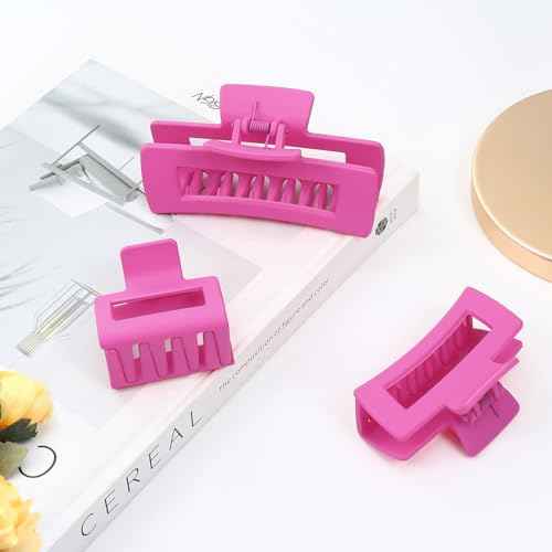 Shinowa Hair Claw Clips, 3 Pieces Leopard Print Claw Clip, Strong Hold Hair Jaw Clips for Thick Hair, Hair Accessories for Women Girls, Rose Red