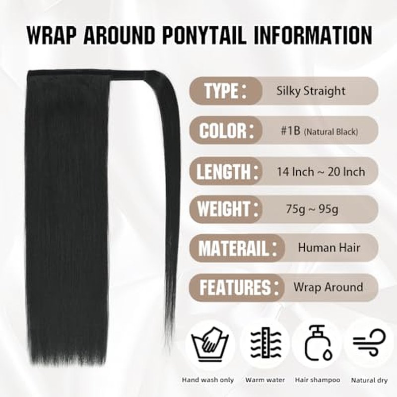 Ponytail Extension Human Hair 20 Inch Natural Black Silky Straight Clip in Pony Tails Hair Extensions Real Hair Wrap Around Ponytail Hair Piece for Girls(20 Inch Natural Black #1B 95G)