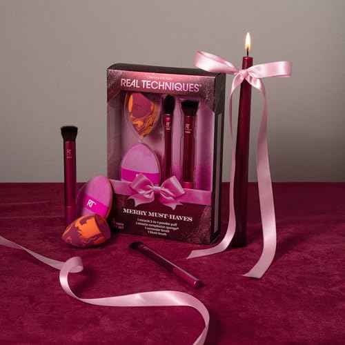 Real Techniques Merry Must-Haves Holiday Gift Set, 4 Piece Brush & Sponge Set for Foundation, Cheeks & Powder, Stocking Stuffer, Gift for Her, Cruelty-Free & Vegan