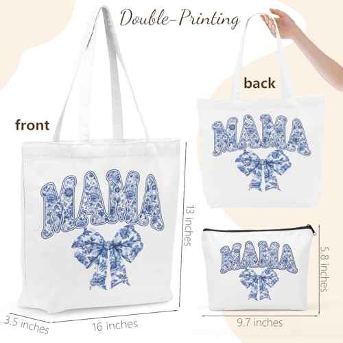 Wetern Bow Mom Gifts Canvas Tote Bag Makeup Bag, Western Gifts for Women Cowgirl Birthday Grocery Cosmetic Bags