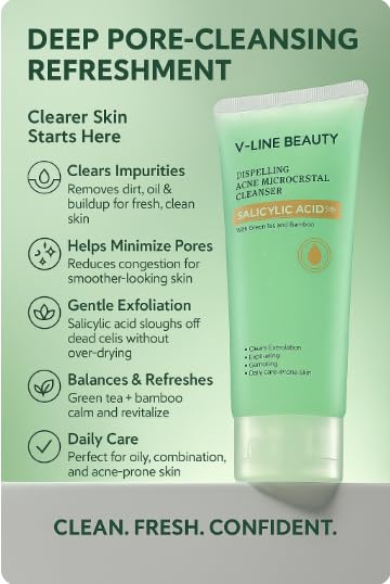 V-Line Beauty Microcrystal Gentle Cleansing Facial Gel Scrub for Oily Skin, 2% BHA + Glycerin + Green Tea + Bamboo, Soothing, Hydrating and Help Clear, Suitable for Sensitive Skin