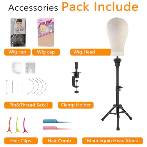 Wig Stand with Head, Adjustable Wig Head Stand, Canvas Wig Head Stand with Mannequin Head with Clamp Stand, Manikin Head Set for Wigs Cosmetology
